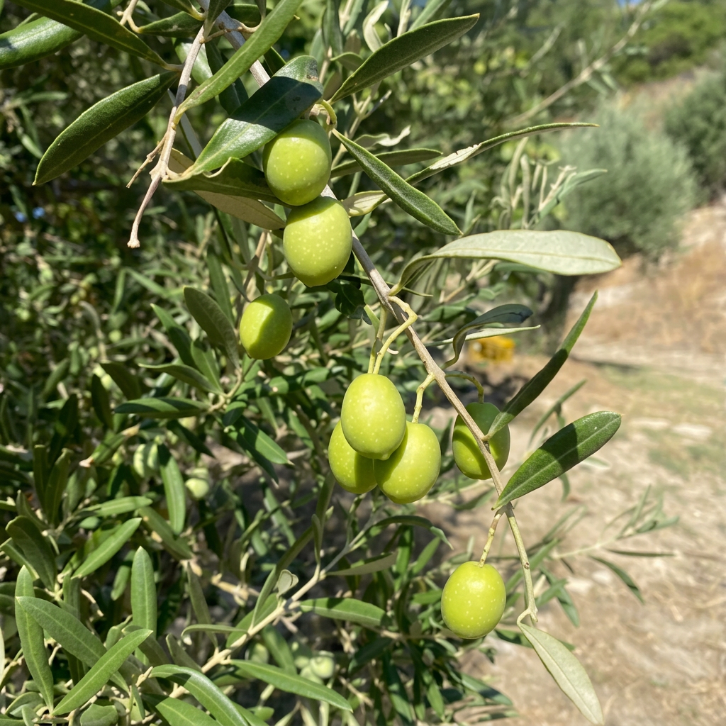 Olive verdi e foglie d’olivo su un ramo